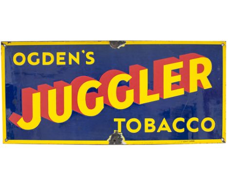 Advertising enamel sign OGDEN'S JUGGLER TOBACCO measuring 22in x 10in. In good condition with a couple of chips.