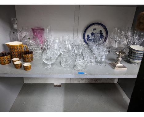 A mixed lot of glass and ceramics and other items to include Stuart crystal brandy glasses, Waterford lamp shade and metal ca