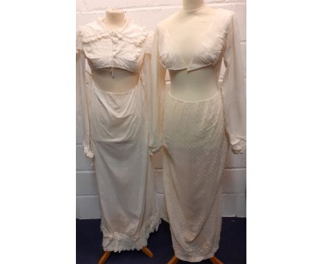 A late 19th/early 20th Century bespoke cream cotton maternity night gown with a central section having a ribbon tie to accomm
