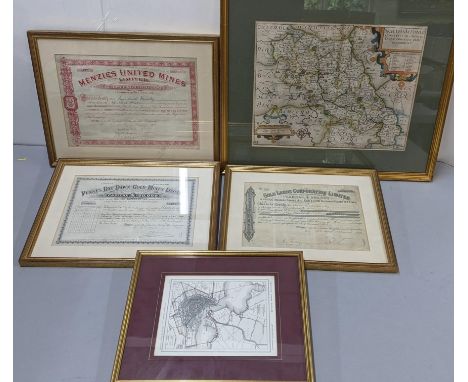 A 17th/18th century Christopher Saxton & William Kip map of Northamptonshire, a map of Amsterdam and three framed share certi