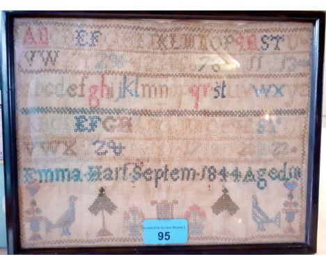 A mid 19th Century sampler worked by Emma Hart in September 1844, aged 10 years old, stretched, mounted and framed, 26cm x 20