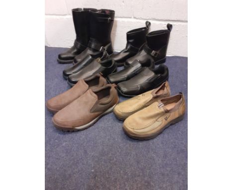 A collection of unworn gents boots and shoes to include a pair of black Blytz biker boots size European 42, a pair of black D