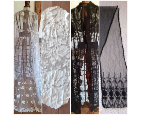A group of vintage lace to include a large white shawl having a machine made button mesh ground with applique flowers, 190cm 