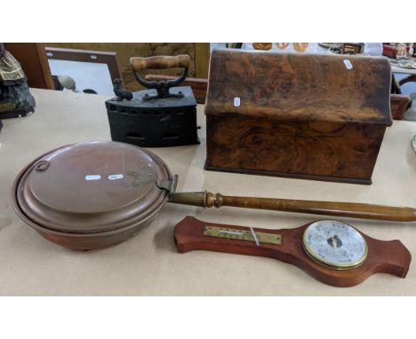 A mixed lot to include a 19th century cast iron coal iron, burr walnut box, barometer, and a warming pan Location: 