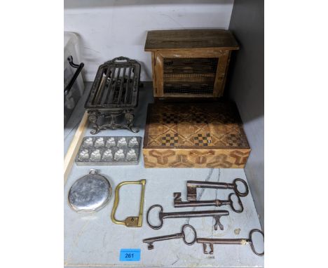 A mixed lot to include a wooden egg cabinet with chicken wire grill front, inlaid wooden box, vintage keys and a brass lock, 