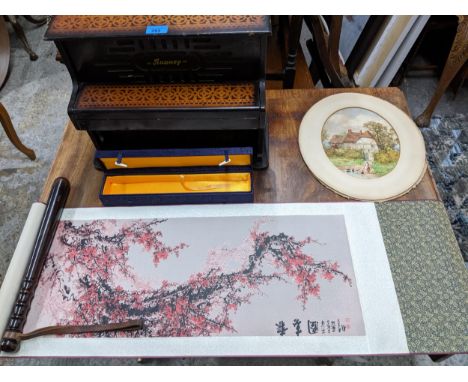 Collectables to include a truncheon, a Japanese scroll tapestry, a WJ King watercolour Taupe miniature pianoLocation: 