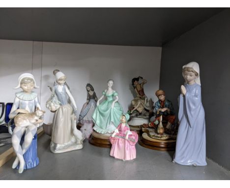 A collection of Lladro and Nao figurines, Capodimonte, Coalport and Royal Doulton figurines to include Doulton Bo Peep HN1811
