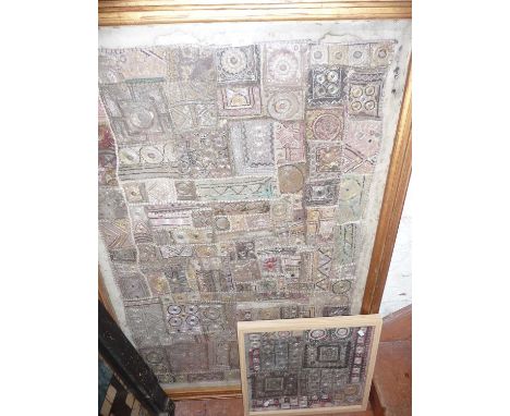 Large Indian patchwork tapestry of silver &amp; gold threads &amp; tiny mirrors, 50" x 33" including gold painted frame, and 