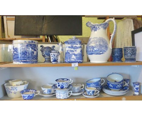 Victorian blue &amp; white transfer printed jardiniere, teapot, water jug, tea cups &amp; saucers etc (some A/F)