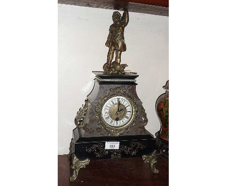 French ormolu mounted and shaped marble mantle clock having brass and enamel dial surmounted by classical figures (A/F)