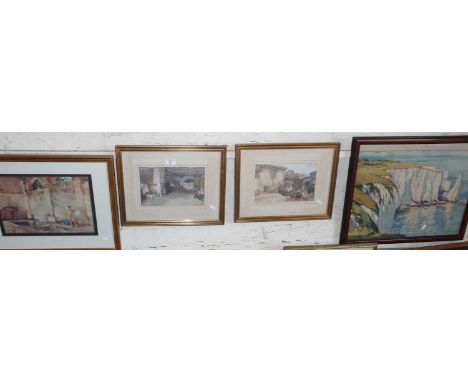 Three Russell Flint prints, and a 1930s colour print of Old Harry Rocks, Dorset