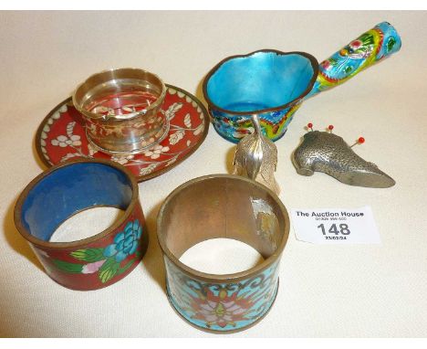 Chinese cloisonne dish, similar napkin rings, enamelled silk iron, and a hallmarked silver napkin ring and trinket pot. Toget
