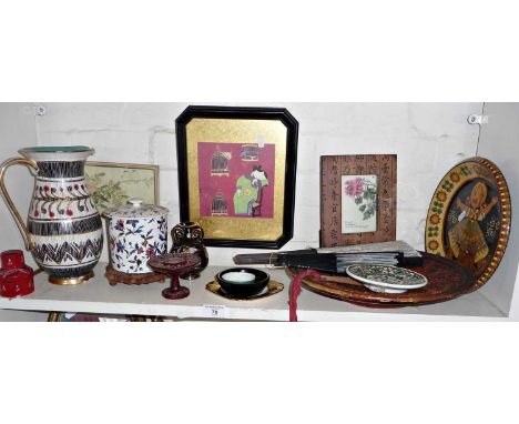 Shelf of assorted items including mid-century china, jug etc