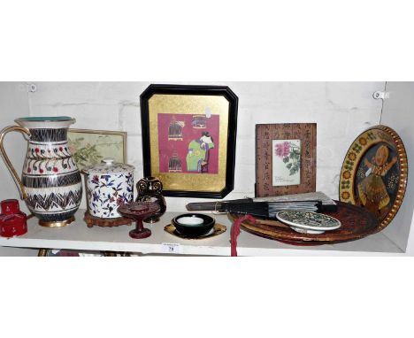 Shelf of assorted items including mid-century china, jug etc