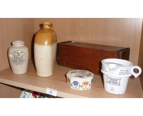 Stoneware flagon impressed with H. Hexter spirit merchant Exeter, a lantern slide box and other items