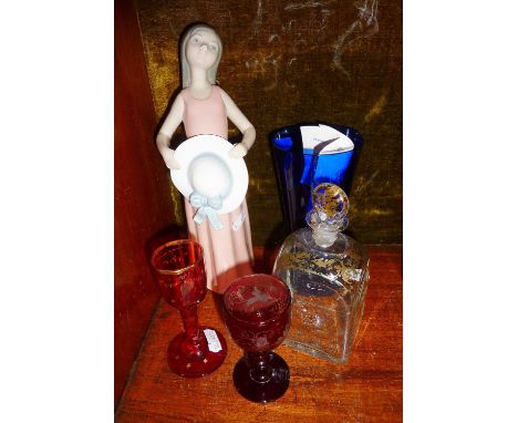 Lladro girl with hat, antique gilded decanter and cranberry cordial glasses