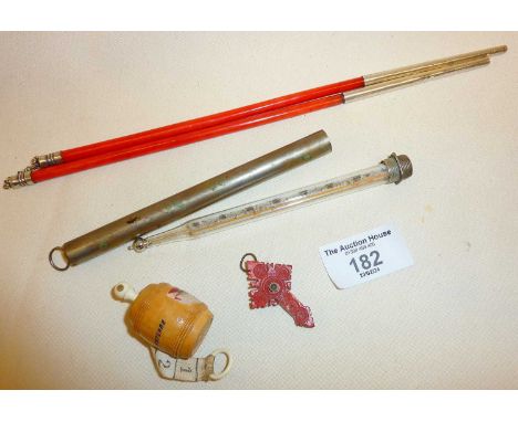 Two Stanhopes - Lourdes and Ostende, Chinese dyed bone and silver decorative hair pins or sticks, and a metal cased thermomet