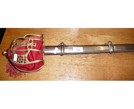 Replica brass and steel Scottish basket hilted sword with scabbard