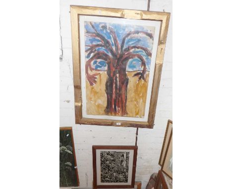 Large contemporary watercolour of an abstract tree in a rustic frame, and an abstract linocut print