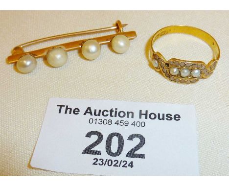 9ct gold bar brooch (tested) set with four pearls, and an antique 15ct gold ring (some stones missing). Approx. UK size Q, co