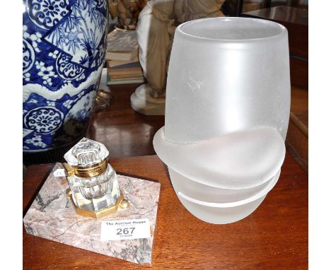 A modernist Steuben art glass vase by Paul Schultz and an Art Deco glass inkwell on marble base