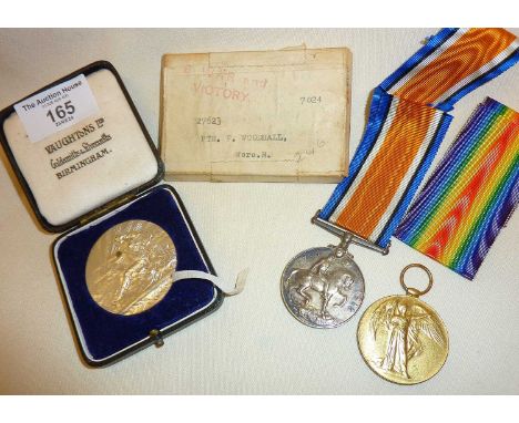 WW1 medal pair awarded to 27623 Pte. F. Woodhall Worcs.R. Together with original postage box and a 1937 prize medallion in ca