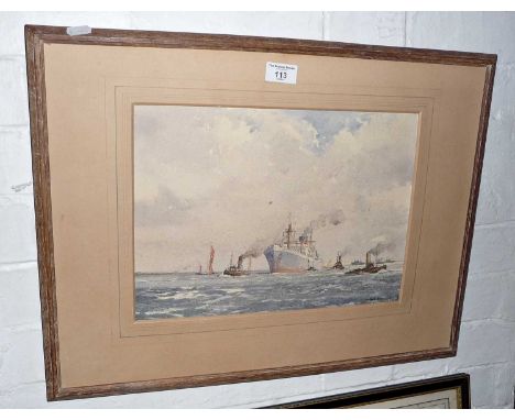 Arthur J.F. Bond (1888-1958) watercolour of a cargo liner entering harbour with tugs and titled "Taking aboard the Pilot", to