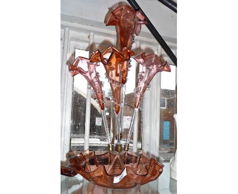 Impressive Victorian cranberry glass three-trumpet epergne (rivets to base)