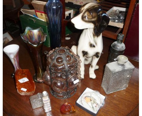 Small Whitefriars orange bark glass vase, other glassware including Venetian iron &amp; glass porch light, and a china dog