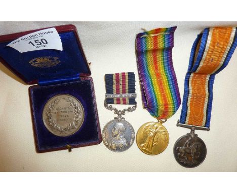 Manchester Regiment interest: WW1 group of 3 medals, and a prize medallion. Inc. A George V military medal for Bravery in the