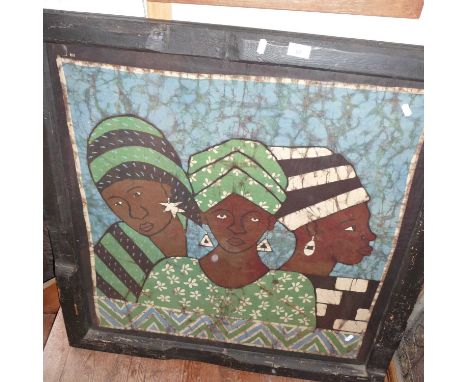 A large batik print of three native women, in rustic painted wood frame, 37" x 25"