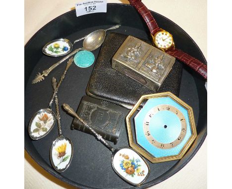 Silver spoons with painted enamel bowls, guilloche enamel clock face, bakelite vesta, Indian silver matchbox holder, etc.