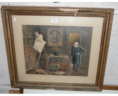 Victorian colour print of a library interior with parson &amp; lady reading up a step ladder
