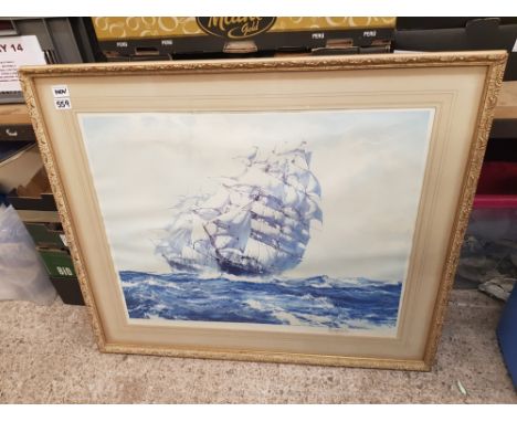 A large framed print of a galleon, signed 'Montague Dawson' lower right, overall size 99cm x 85cm. 'Published in 1964 by Fros