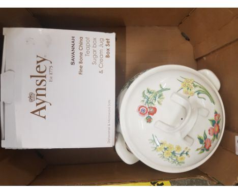 Aynsley Boxed 'Savannah' pattern Teapot with Milk and Sugar together with Portmerion ' Flowers of the Year' Soup Tureen. 