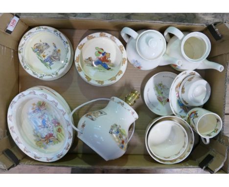 A mixed collection of Royal Winton, Falcon ware, Sylvac &amp; Royal Doulton Bunnykins themed items, oatmeal dishes, bowls, li