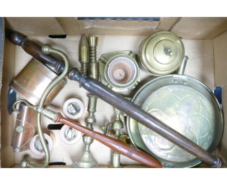 A mixed collection of items to include copper &amp; brass hip flasks, candlesticks, gown hook, bed warmer etc 