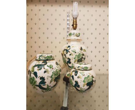 Mason's Chartreuse pattern ginger jars x 2 together with a lamp base, height of lamp to fitting 31cm (3). 