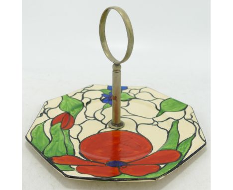 Clarice Cliff Bizarre Scarlet Flower Pattern Cake Stand, diameter 18.5cm, nips to underside edges 