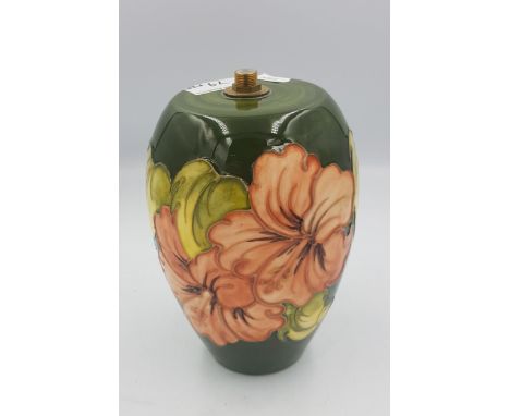 Moorcroft hibiscus on green ground table lamp body (no fittings or cable etc), 20cm in height. 