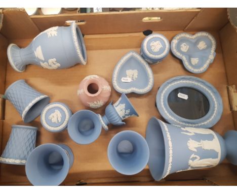 A collection of blue jasper ware items together with a pink jasper ware item, vases, trinket pots etc (1 tray). 