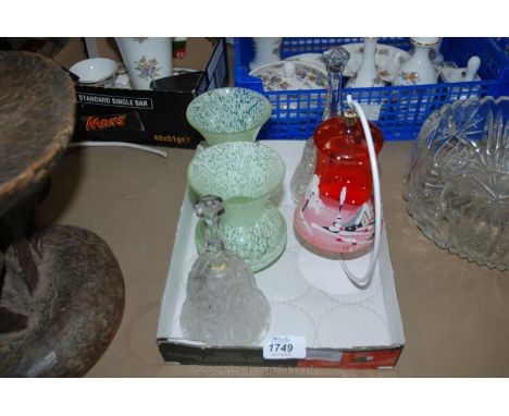 Two mottled green Vases, two glass Bells, a Christmas Bell and Stand