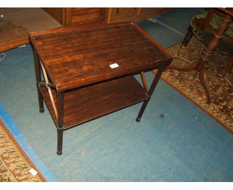 A pair of good reproduction Mahogany Occasional Tables with lipped edge rectangular tops, standing on turned supports, having