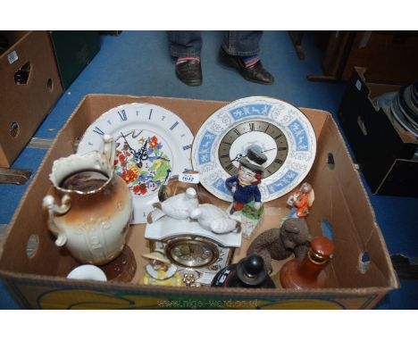 A quantity of china including Coalport plate Wall Clock, a Wade Bells Whiskey Bell (empty) a Wall Clock, Teddy Bear, Vase, et