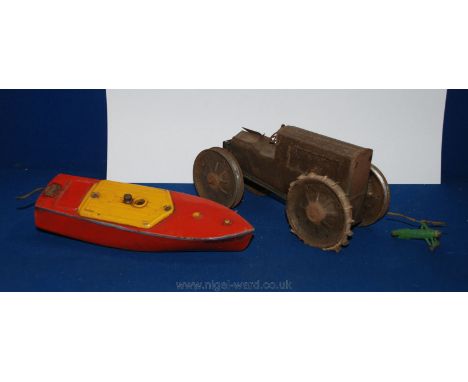 Three old tin Toys being a Meccano Speedboat, Tractor and  helicopter 