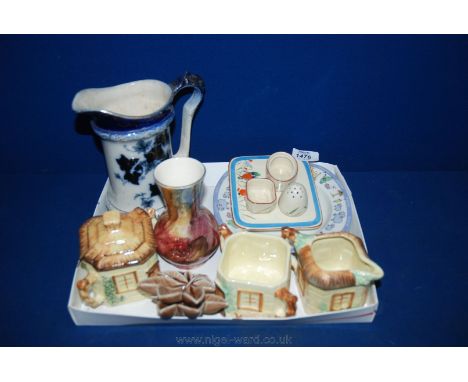 A small Kingfisher pattern Burleighware Condiment set, two Wade leaf pattern Ash Trays, Keele Cottageware Sucrier with lid, J