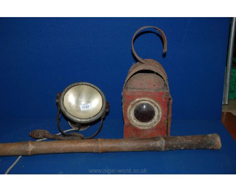 An old Road Safety Lamp, car Spot Light and a small thick bamboo Pole, 32''