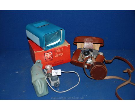 A Trident View Finder, Hunter Bounce flash for a camera and an Agfa Camera Silette in an Eveready Case with a hood attachment