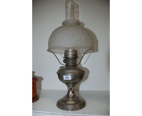 A chrome Aladdin style Oil Lamp complete with opaque moulded shade and chimney