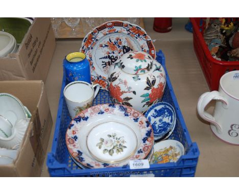 A quantity of china including an Old Foley Ginger Jar and lid, Royal Worcester pin dishes, Shelley vase a/f, Masons plate chi